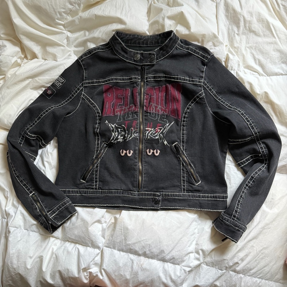NWT True Religion Graphic Black Moto Denim Jacket Y2K Grunge Biker Streetwear